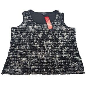 NWT Perceptions Woman Tank Top Women 14W Black Metallic Ruffle Tiered Scoop Neck